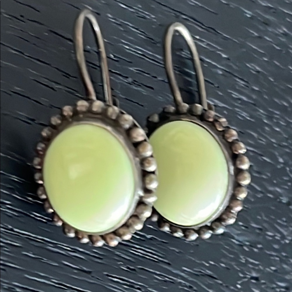 Sterling Silver and Light Green Cabuchon Stone Lever Back Earrings
